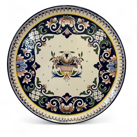 Vintage 80s Rouen Desvres Faience Pottery Hand Painted 14 Inch Floral Platter - Picture 1 of 10